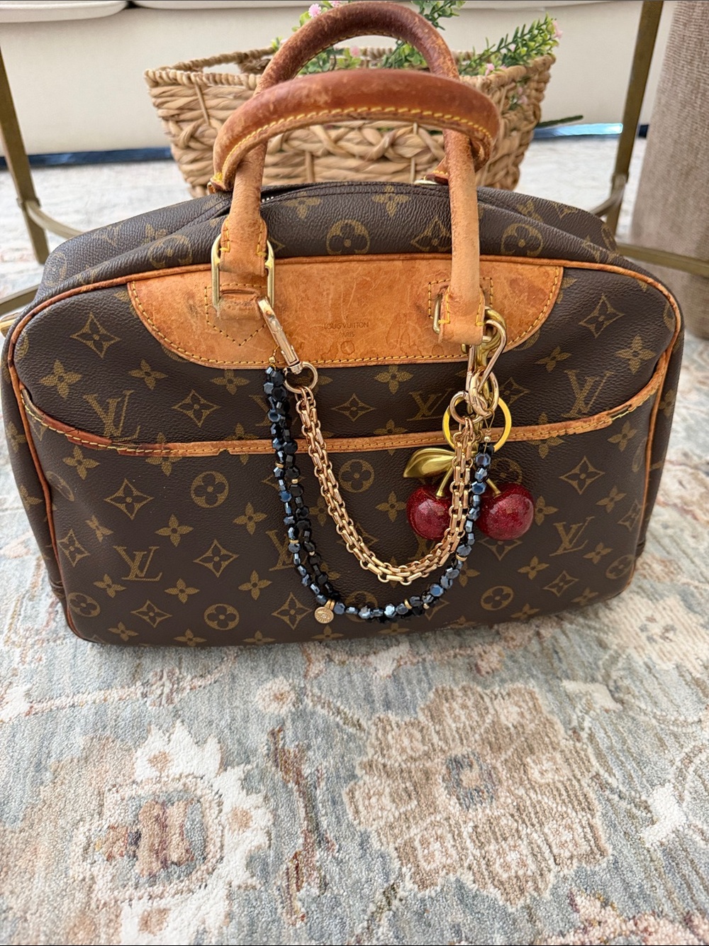 Louis Vuitton Brown Monogram Deauville with Red Cherry Charm and Gold Accents